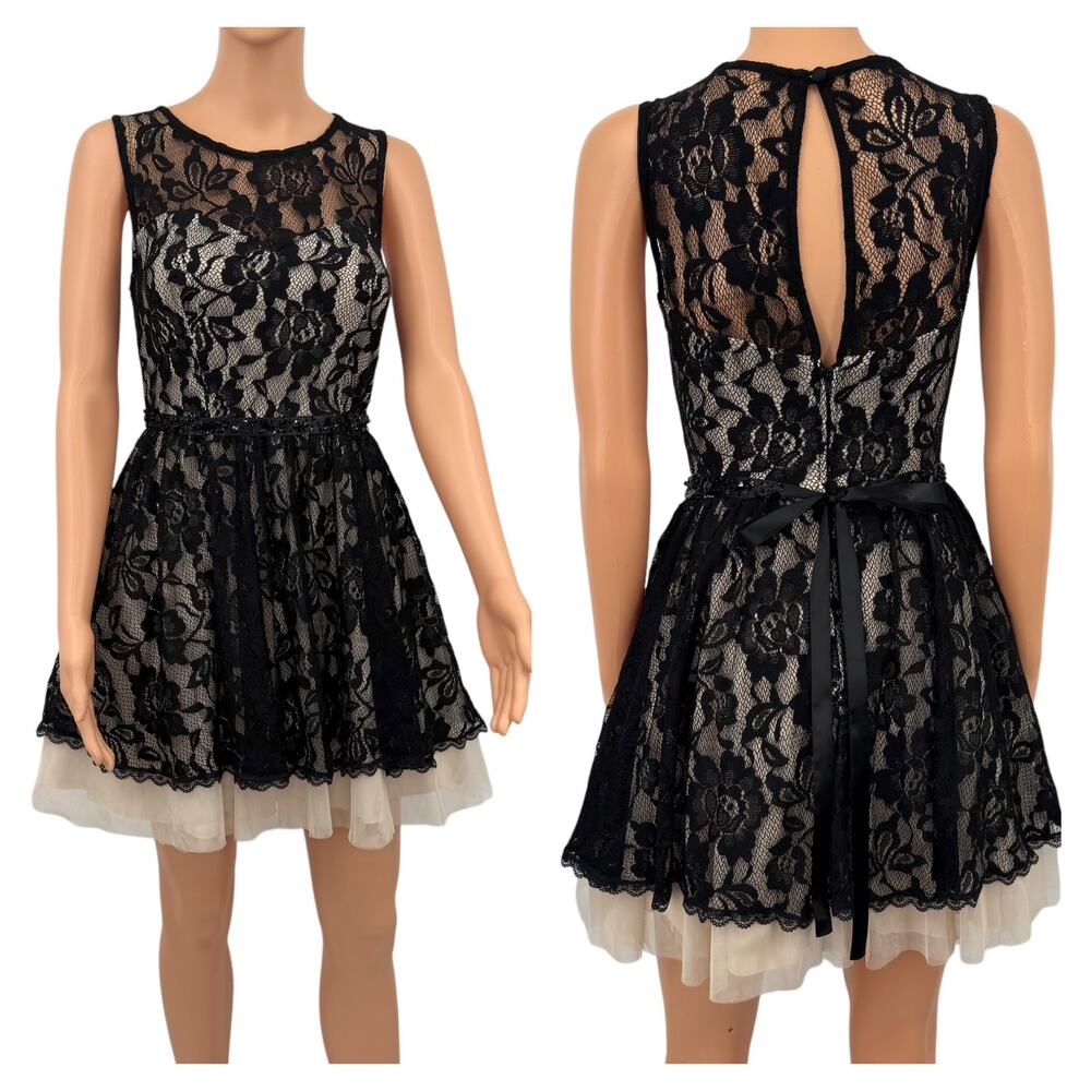 B. Darlin Womens Black Floral Lace Dress with Tulle Sz 7/8 Homecoming Party Prom - Picture 2 of 13